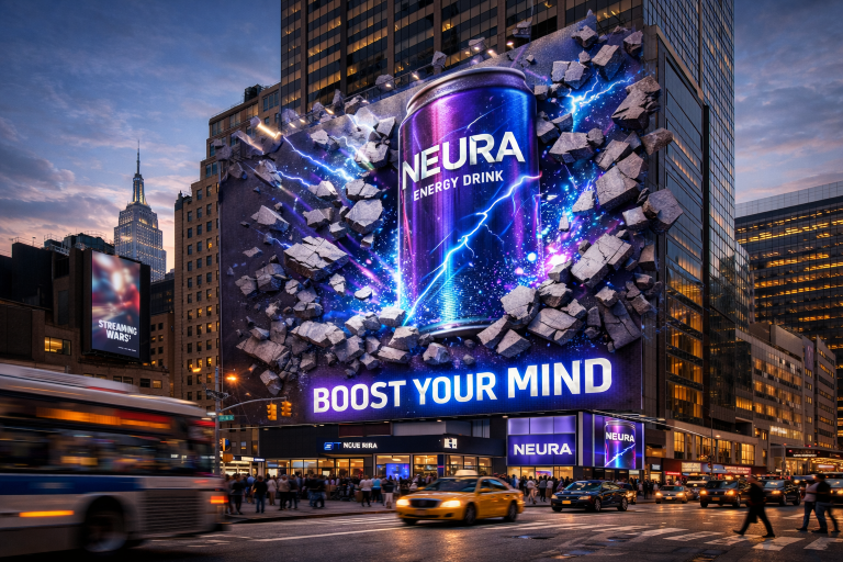 Publicidad FOOH de bebida energética con lata 3D saliendo de una valla digital en un edificio urbano, efecto Fake Out of Home hiperrealista