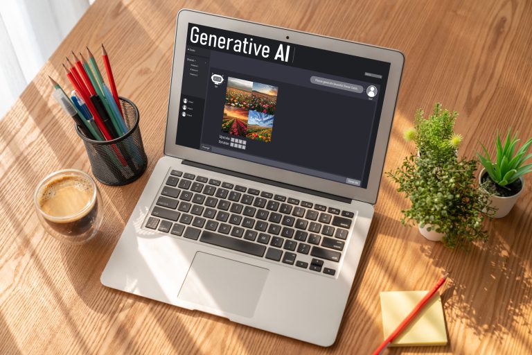Ordenador generando contenido con inteligencia artificial en un entorno digital saturado donde las marcas deben diferenciar su voz